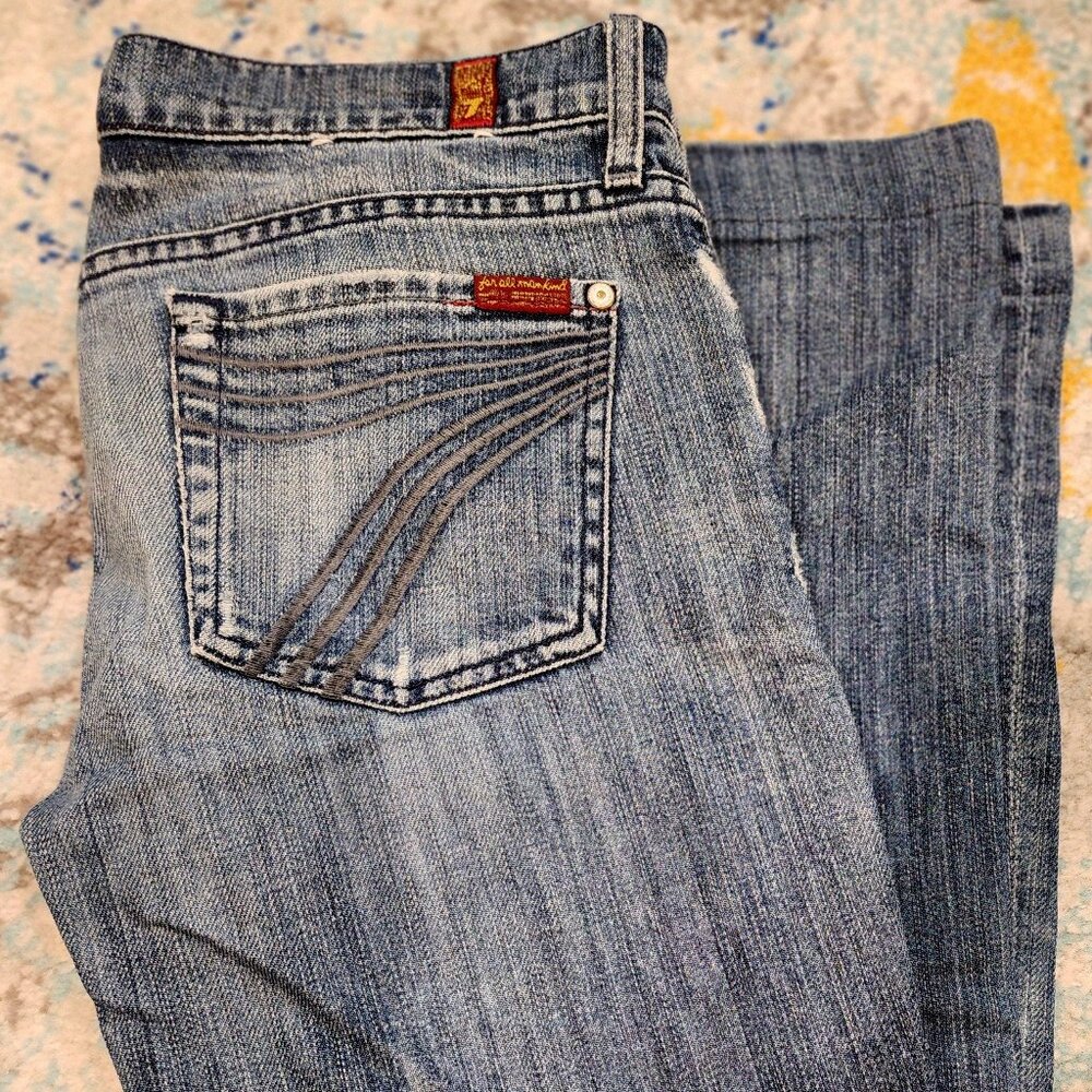7 For All Mankind Flare Jeans – Embroidered “7” Pockets, Size 28